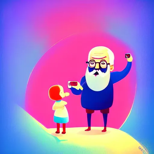 Image similar to curled perspective digital art of a cute smiling beard grandpa cartoon character taking a photo to a baby girl by anton fadeev