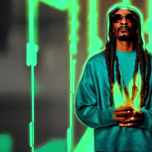 Image similar to cinematic film still of Snoop Dogg starring as a futuristic Marvel Super Hero holding green fire, 2022