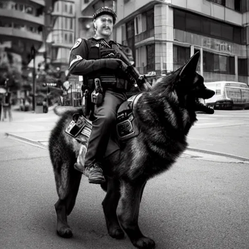 Image similar to police officer riding a giant German shepherd in the city, trending on artstation