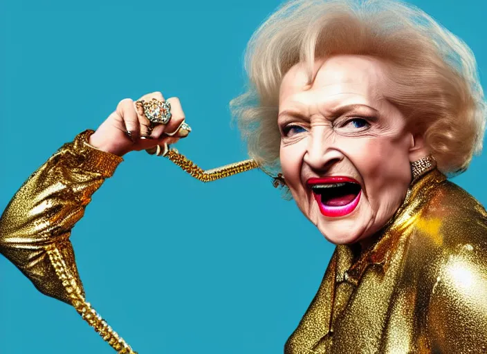 Image similar to publicity photo still of betty white as a gangsta rapper covered in gold chains, with grills in teeth and wearing a jumpsuit live on stage, 8 k, live concert lighting, mid shot