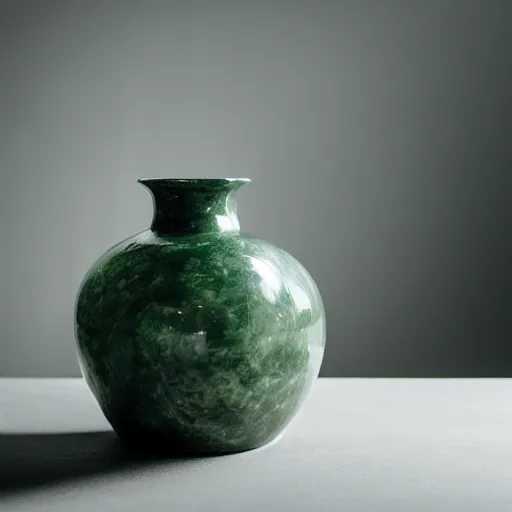 Prompt: an organic jade vase, sitting on a pedestal, in the middle of a room, with dim light, glowing background, moody setting, highest quality, 8 k