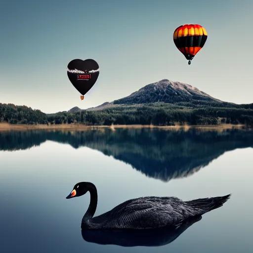 Prompt: photo of two black swans swimming in a beautiful reflective mountain lake, touching heads, forming a heart with their necks, a colorful hot air balloon is flying above the swans, hot air balloon, intricate, portrait, 8k highly professionally detailed, HDR, CGsociety, octane render, 4k