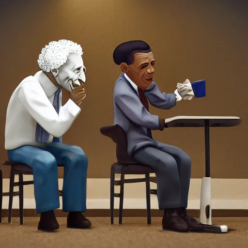 Image similar to Einstein and Obama taking a shit on table at McDonalds, ultra detailed, photorealistic, dramatic lighting