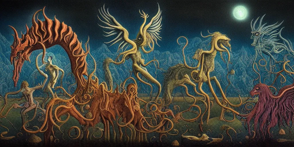 Prompt: mythical creatures and monsters in the imaginal realm of the collective unconscious, in a dark surreal painting by johfra and ronny khalil