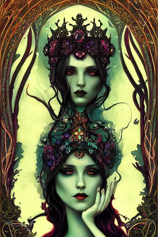 Image similar to jeweled Crown, other worldly, dark fae court, black roses, vivid colors, art nouveau, by Anato Finnstark, Tom Bagshaw, Brom