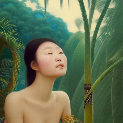 Image similar to a ultradetailed beautiful painting of a german japanese girl in amazonas by hsiao ron cheng, ngai victo, nivanh chanthara jean delville wlop and dougherty patrick, trending on artstation, mediterranean, palm trees, light sparkles, major arcana sky, sharp focus, soft light