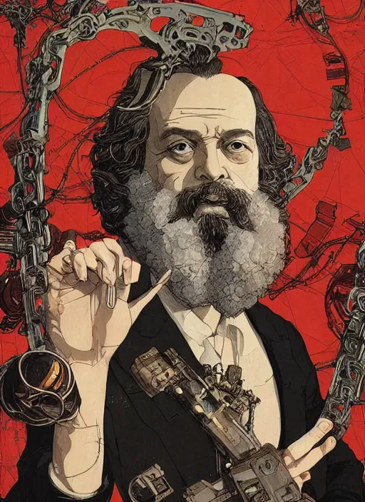 Image similar to karl marx, eun emerging from renaissance italy into a cyberpunk mutiversal realm by conrad roset, nicola samuri, dino valls, m. w. kaluta, jakub rebelka, rule of thirds, seductive look, beautiful