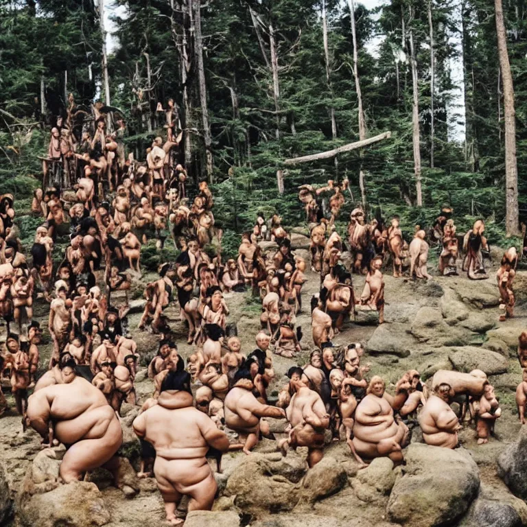 Image similar to photo, neanderthal people, first contact with sumo japanese people, eating hotdogs, surrounded by dinosaurs!, gigantic forest trees, sitting on rocks, bright moon, ice! cream! truck!