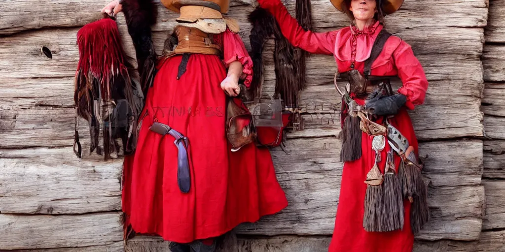 Prompt: beautiful frontier woman-wearing-red in a busy old-west town