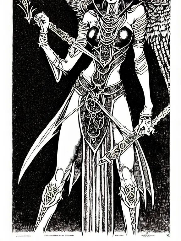 Image similar to bayonetta as a d & d monster, full body, pen - and - ink illustration, etching, by russ nicholson, david a trampier, larry elmore, 1 9 8 1, hq scan, intricate details, stylized border