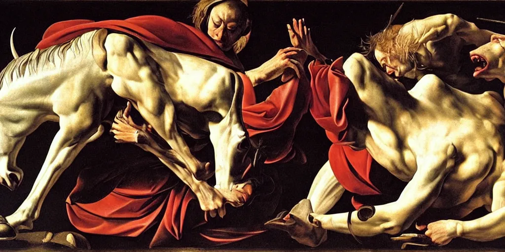 Image similar to the sacrifice of the white unicorn, fighting, struggling, muscular by caravaggio