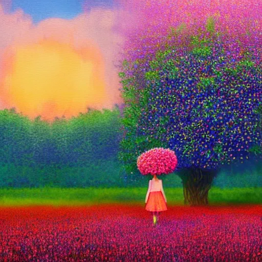 Prompt: huge flower head, girl standing in flower field, surreal photography, big trees, sunrise dramatic light, impressionist painting, colorful clouds, digital painting, pointillism, artstation, simon stalenhag