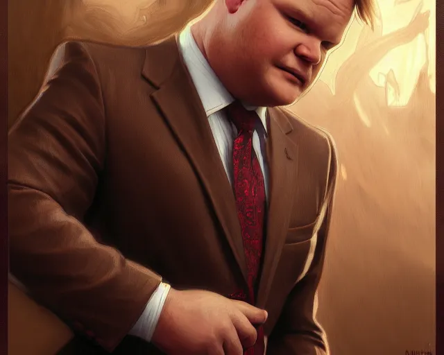 Image similar to close up of andy richter wearing a brown suit and necktie, focus, d & d, intricate, elegant, highly detailed, digital painting, artstation, concept art, matte, sharp focus, illustration, hearthstone, art by artgerm and greg rutkowski and alphonse mucha