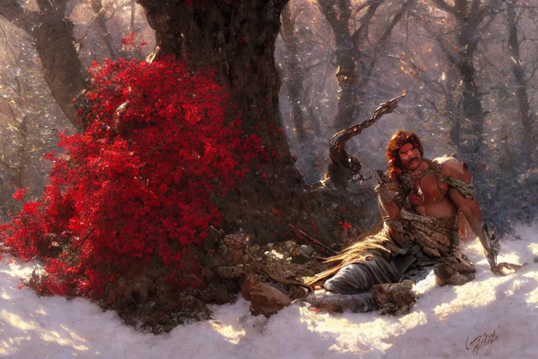 Image similar to winter, a male warrior relaxing under a huge tree with red flowers, sun shining on him, god ray, ground covered with snow, fantasy, painting by gaston bussiere, craig mullins, j. c. leyendecker, trending on artstation