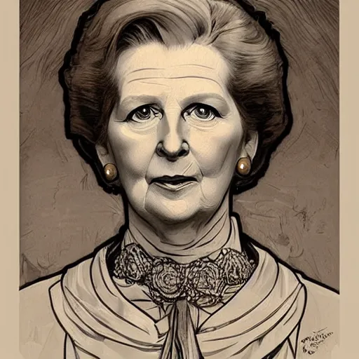 Prompt: beautiful lifelike award winning pencil illustration of margaret thatcher on a guillotine trending on art station artgerm greg rutkowski alphonse mucha museum quality cinematic atmospheric