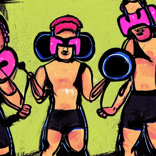 Image similar to shrugging wrestlers wearing vr headsets professionally illustrated by jonathan bruns