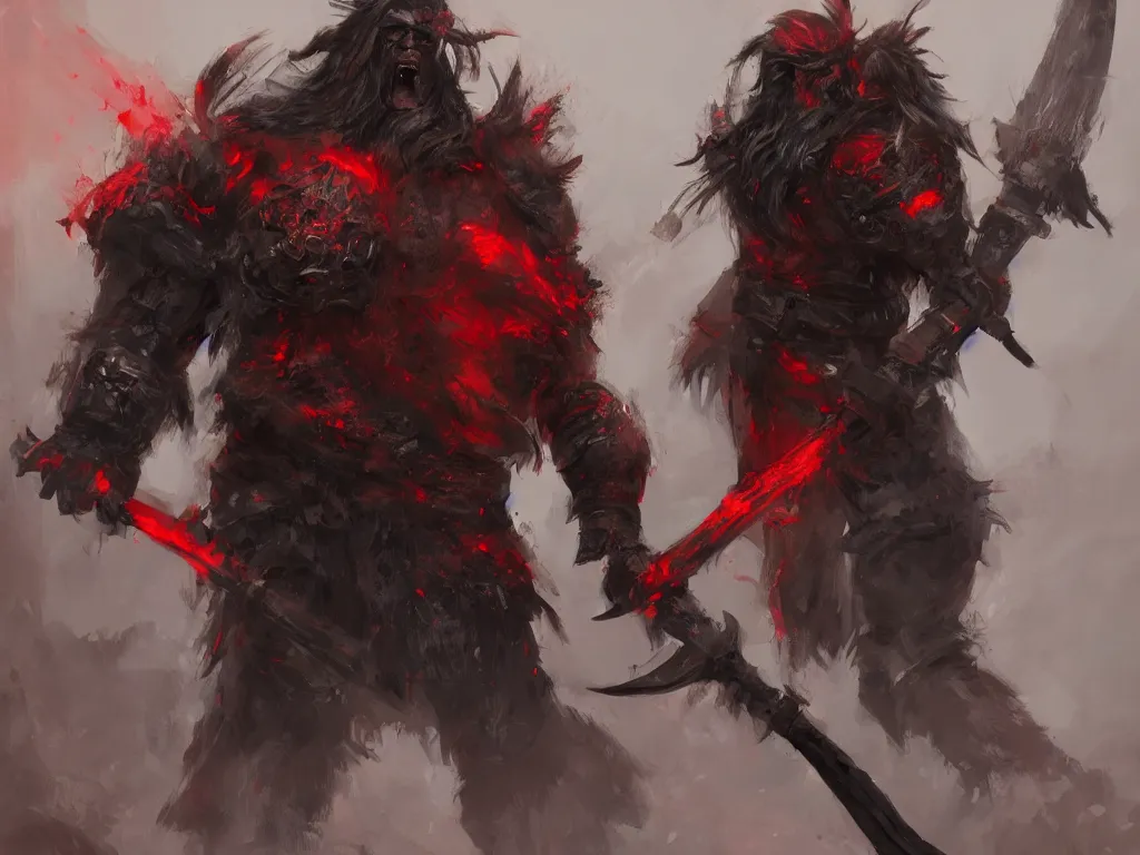 Image similar to Concept art of a barbarian, clad in black and red armor, with a humongous axe, black messy hair and unkempt beard, artstationHD, Fantasy