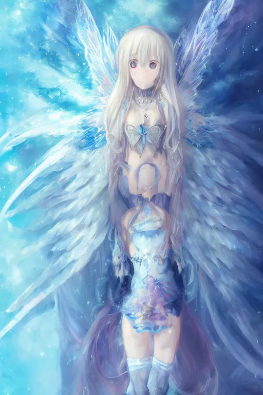 Image similar to anime young girl in school uniform with intricate ice blue crystal fractal wings sitting on an ice throne, wlop, concept art, digital painting, trending on artstation, highly detailed, epic composition, 8 k uhd