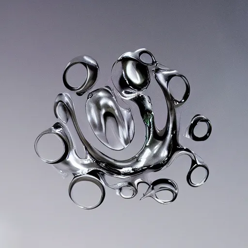 Image similar to abstract impossible chrome gloopy nurb drippy goo sculpture fine art silver jewelry product photo