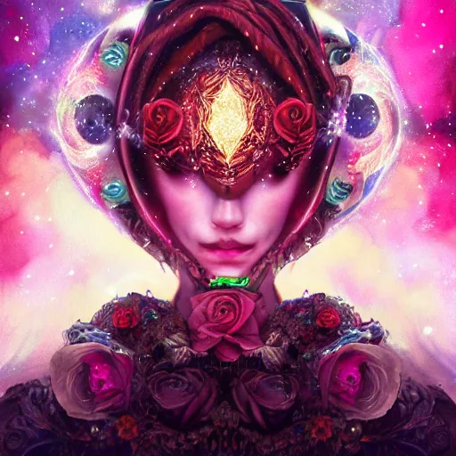 Prompt: Very very very very highly detailed mystic, enigmatic, strange portrait with galaxy, roses, shark's teeth, intricate, extremely detailed, digital painting, artstation, concept art, smooth, sharp focus, illustration, intimidating lighting, incredible art,