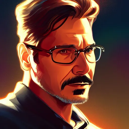 Prompt: Harrison Ford as Tony Stark, ambient lighting, 4k, alphonse mucha, lois van baarle, ilya kuvshinov, rossdraws, artstation