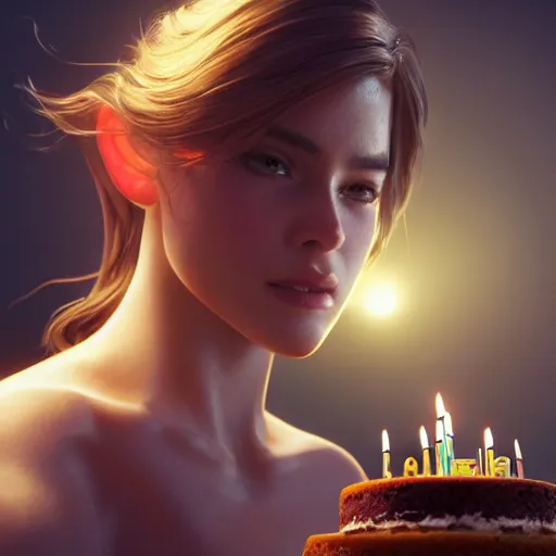 Image similar to cinematic screenshot of a delicious looking birthday cake ; crisp sharp focus ; ultra realistic, concept art, intricate details, food photography, highly detailed, photorealistic, octane render, 8 k, unreal engine. art by artgerm and greg rutkowski and charlie bowater and magali villeneuve and alphonse mucha