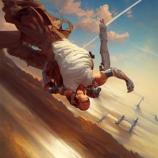 Image similar to a man flying through the sky. photorealistic. realism. 4 k wideshot. cinematic. unreal engine. masterpiece. rule of thirds. beautiful. artgerm. marc simonetti. jc leyendecker