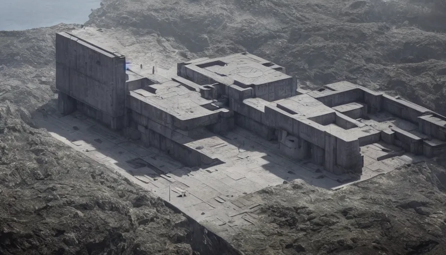 Prompt: big brutalist imperial military base on cliffs, drawing architecture, very long shot, top angle, imperial architecture in rogue one, pritzker architecture prize, brutalism architecture, jan urschel, greig fraser