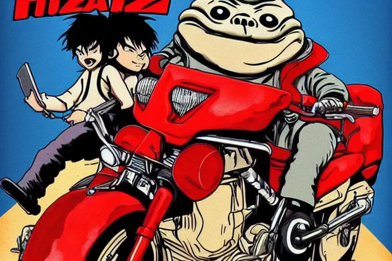 Prompt: pizza the hut, akira's motorcycle, gorillaz, poster, high quality