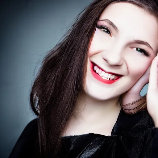 Prompt: beautiful young pale brunette vampire woman smiling, photoshoot, 30mm, Taken with a Pentax1000, studio lighting