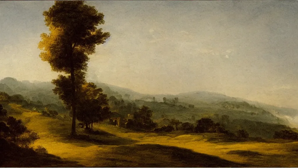 Image similar to so the sun set. i forgot to mention that a belt of mist lay between my hill and other hills, and that it was the color of pearl, claude lorrain