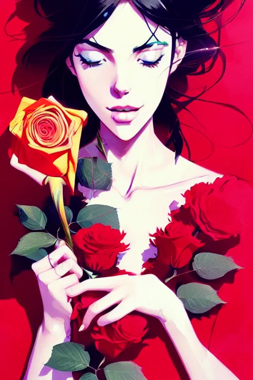 Image similar to a ultradetailed beautiful panting of a stylish woman holding a rose, by conrad roset, greg rutkowski and makoto shinkai, trending on artstation