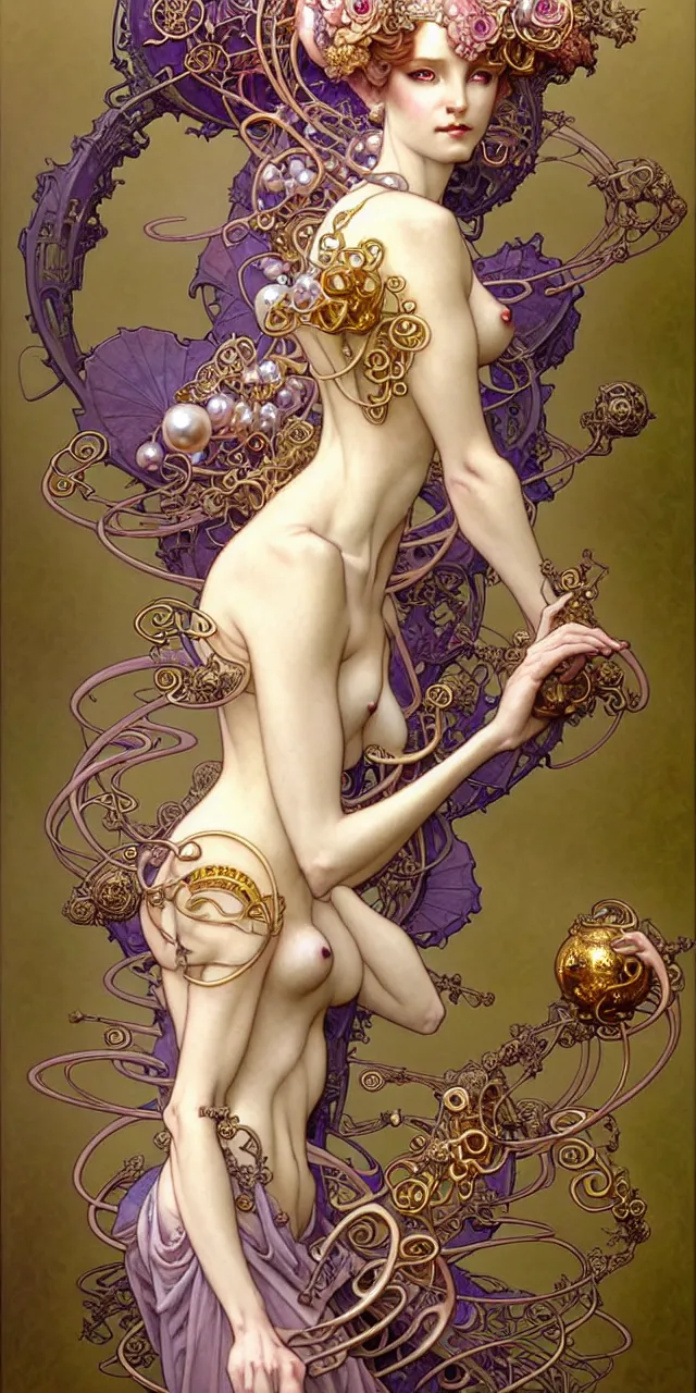 Image similar to beautiful princess art nouveau fantasy character portrait, ultra realistic, intricate details, the fifth element artifacts, highly detailed by peter mohrbacher, hajime sorayama, wayne barlowe, boris vallejo, aaron horkey, gaston bussiere, craig mullins alphonse mucha, art nouveau curves and spirals, flowers pearls jewels goldchains scattered