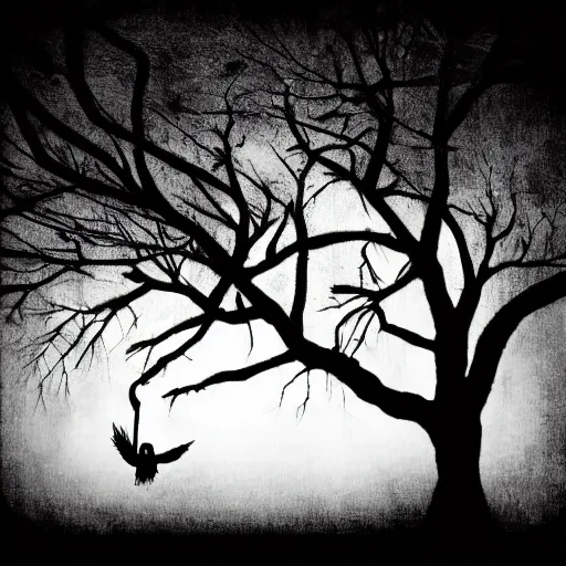 Image similar to a man is hanging on a rope on a tree, gloomy style, two crows are flying, black and white photography, creepy, stylization of a picture illustration from a book