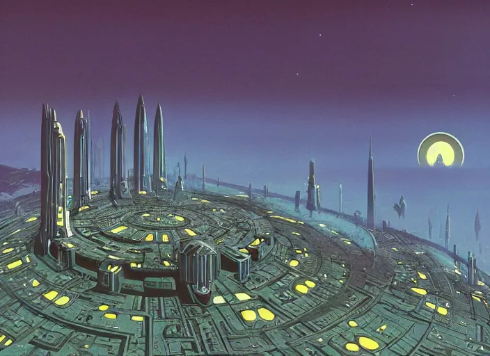 Image similar to ground view of a utopia future city. style by peter elson and eyvind earle.