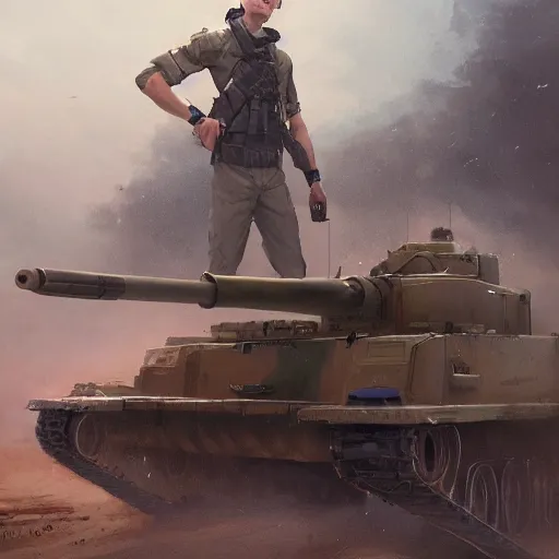 Image similar to Young man with blue eyes and brown hair, wearing a military uniform, standing next to a tank, by Greg Rutkowski, matte painting, trending on artstation