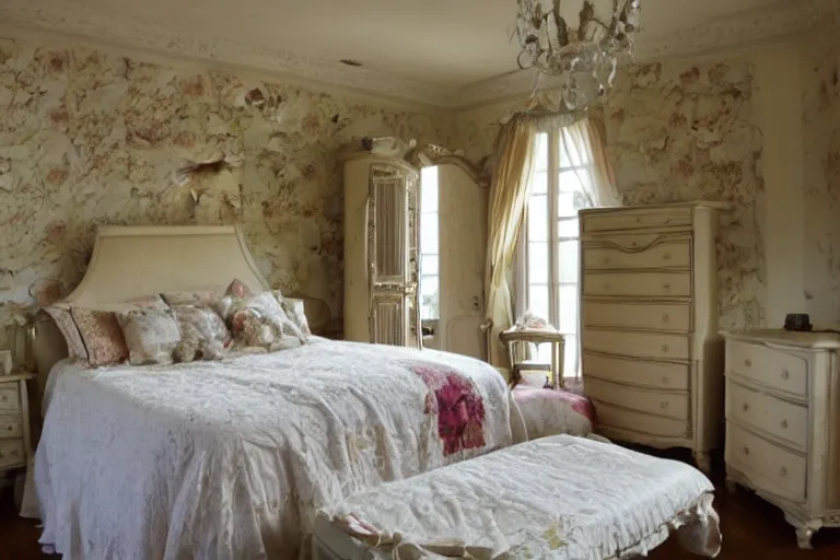 Prompt: A sunny bedroom, exquisite decoration, all restoration furniture