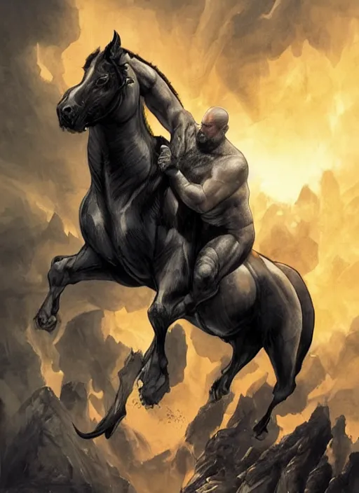 Image similar to chubby ethan van sciver with a bald head and grey trimmed beard with a pointy nose as the first horseman of the apocalypse riding a strong big black stallion, horse is up on its hind legs, beautiful artwork by artgerm and rutkowski, breathtaking, beautifully lit, dramatic, full view