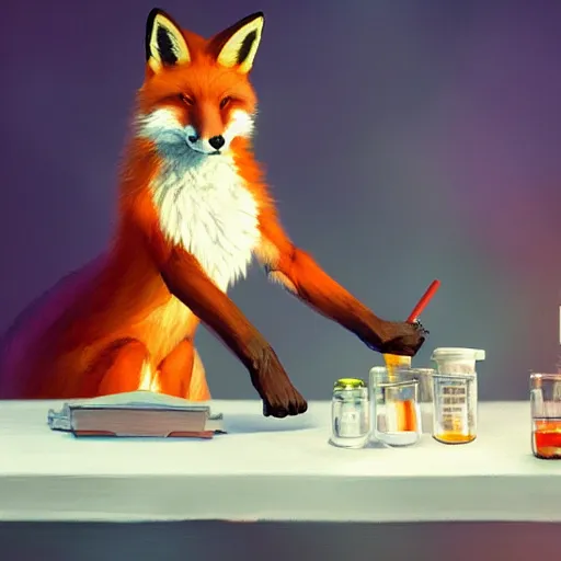 Image similar to A fox doing science, humanoid fox at a science table, chemicals, by Stanley Artgerm Lau, WLOP, Rossdraws, James Jean, Andrei Riabovitchev, Marc Simonetti, and Sakimichan, trending on artstation