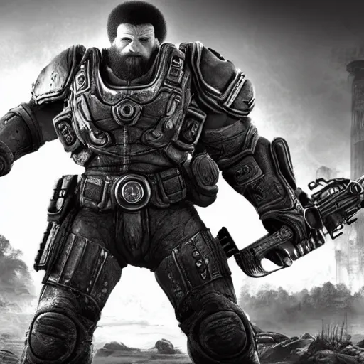 Image similar to Portrait of Bob Ross in Gears of War, gloomy unreal engine 5 render