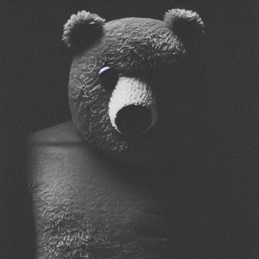 Image similar to a ( ( chiaroscuro lighting portrait ) ) of kanye west dressed as teddy bear mascot, black background, portrait by julia margaret cameron, shallow depth of field, 8 0 mm, f 1. 8