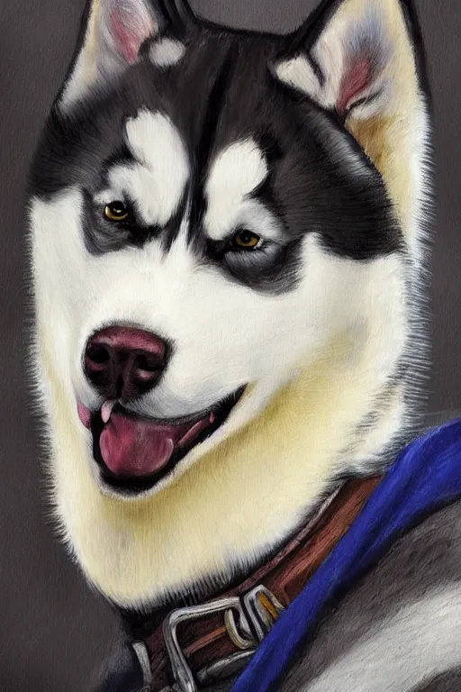 Prompt: a portrait painting of a husky in cowboy costume in the style of anime, a fistful of dollars, character design, humanoid, personify, anthropomorphic