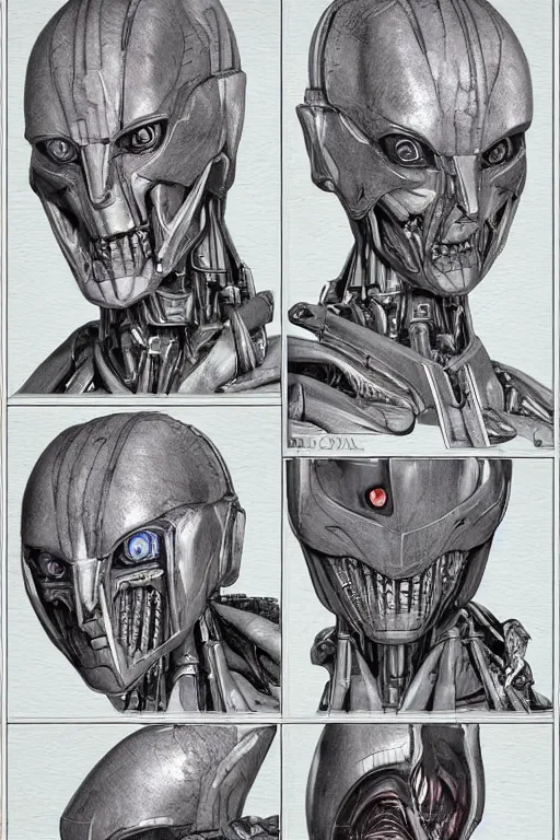 Image similar to arcee transfomers with gunmetal grey skin, medical anatomy, very symmetrical face, highly detailed, mecha, three - perspective / three - view reference sheet ( front / back / side ), in the style of dan ouellette, hr giger, sil from species, dren from splice, biomechanical, artstation, unreal engine