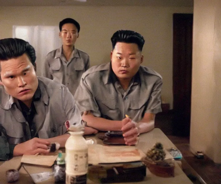 Image similar to hyperralism pineapple express ( 2 0 0 8 ) movie still photography of real detailed north korean kim chen with detailed face smoking high detailed weed and reviewing weed bush in detailed basement bedroom ultra violet light