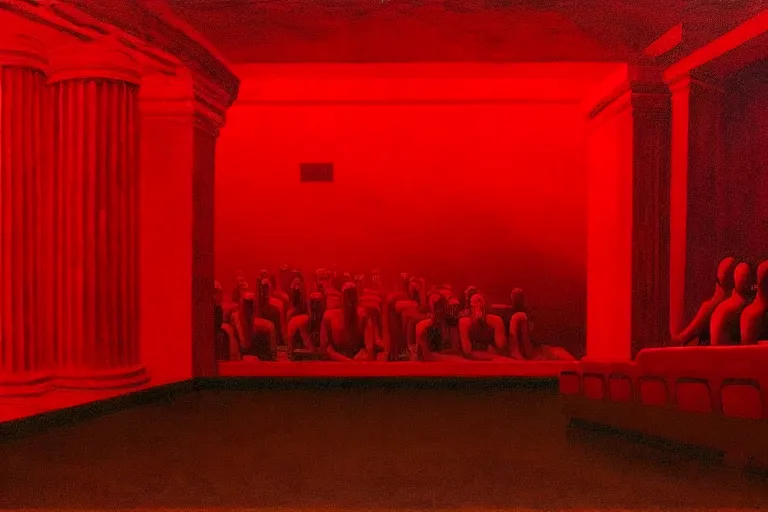 Image similar to only with red, crowd screaming, an exposed picture in a roman theater, in the style of beksinski, parts by edward hopper, parts by rodcenko, parts by yue minjun, intricate and epic composition, red by caravaggio, insanely quality, highly detailed, masterpiece, red light, artstation, 4 k