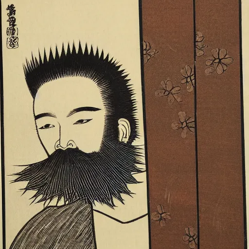 Prompt: japanese woodblock print of a punk with a mohawk and beard, profile picture with decorative flowers