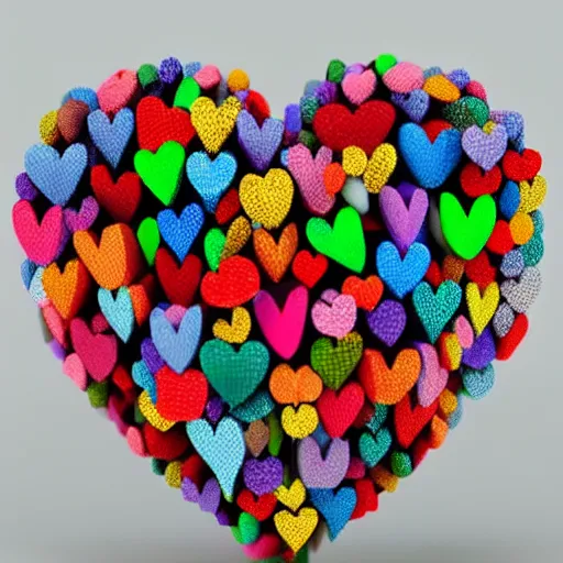 Prompt: heart made up of tiny colorful hearts by David krakov, 3d art sculpture