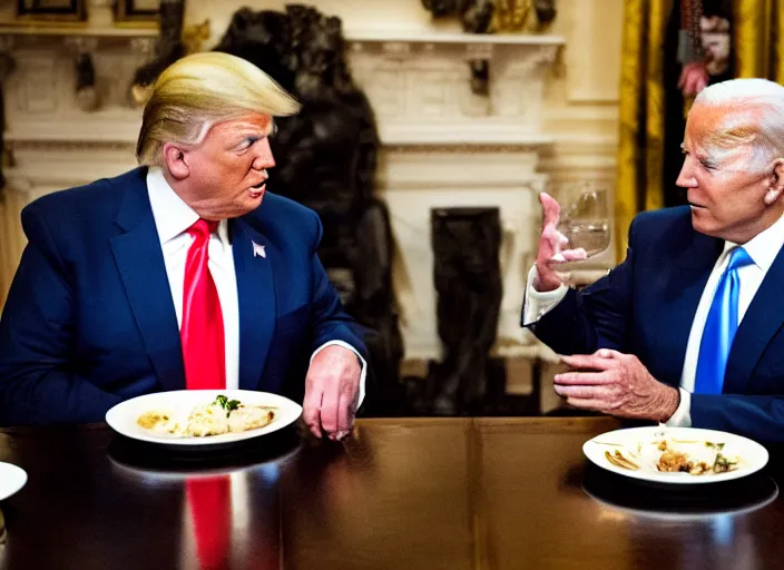 Image similar to Trump and Biden having dinner at a fancy Greek restaurant, award winning cinematic photography, 50 mm, blurred background, trending on twitter