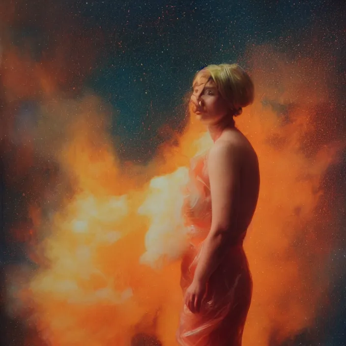 Prompt: a closeup portrait of a woman wrapped in plastic, standing in front of a burning nebulae, color photograph, by vincent desiderio, canon eos c 3 0 0, ƒ 1. 8, 3 5 mm, 8 k, medium - format print