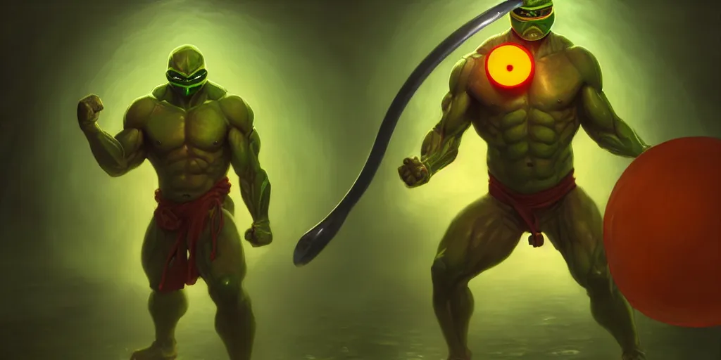 Image similar to a green skinned muscular humanoid bi pedal kung fu turtle, with an orange eye mask, holding nunchucks, heroic pose, cinematic, volumetric moody lighting in a sewer, highly detailed, digital painting, artstation, concept art, matte, sharp focus, illustration, art by artgerm and greg rutkowski and alphonse mucha